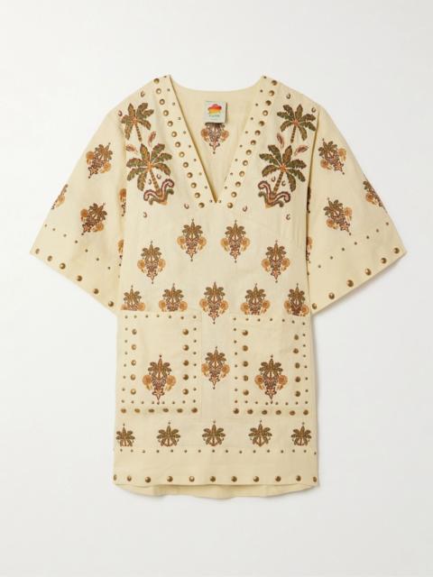 Studded embroidered linen mini dress Beige