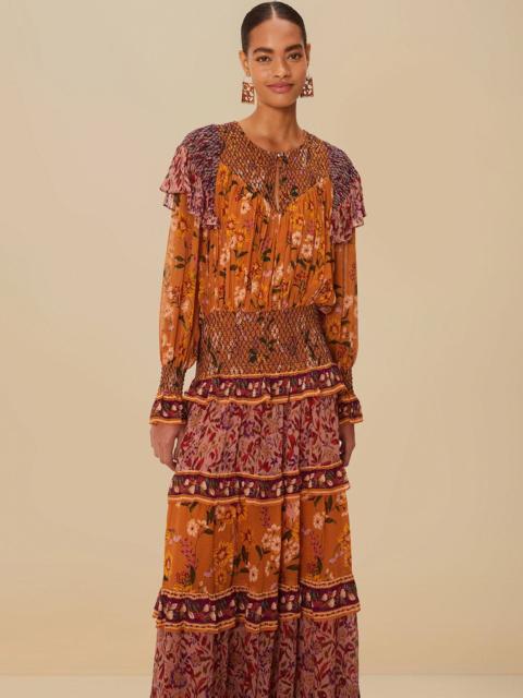 Colorful Birds Camel Smocking Long Sleeve Maxi Dress