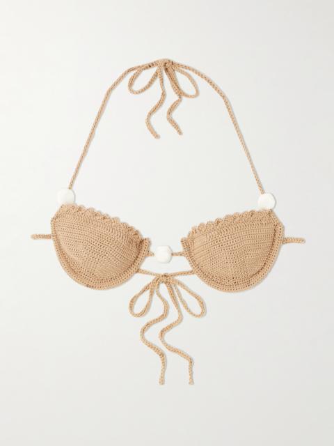 Faux Pearl-embellished Crocheted Underwired Bikini Top