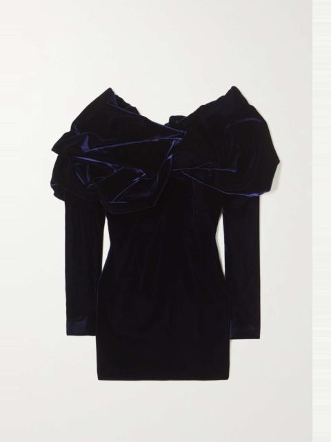 Off-the-shoulder gathered velvet mini dress