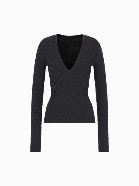 V-NECK JUMPER IN EMBOSSED METALLIC VISCOSE WITH EMBROIDERY