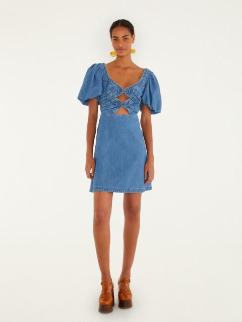 Denim Wavy Cut-Out Puff Sleeve Mini Dress