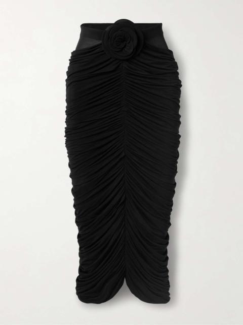 Appliquéd ruched stretch-jersey midi skirt