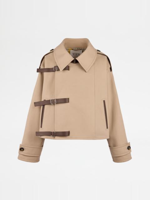 SHORT TRENCH COAT WITH LEATHER INSERTS