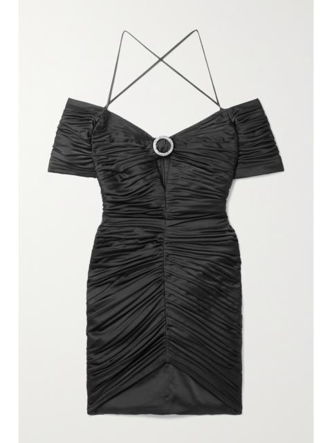 Embellished Ruched Satin Mini Dress