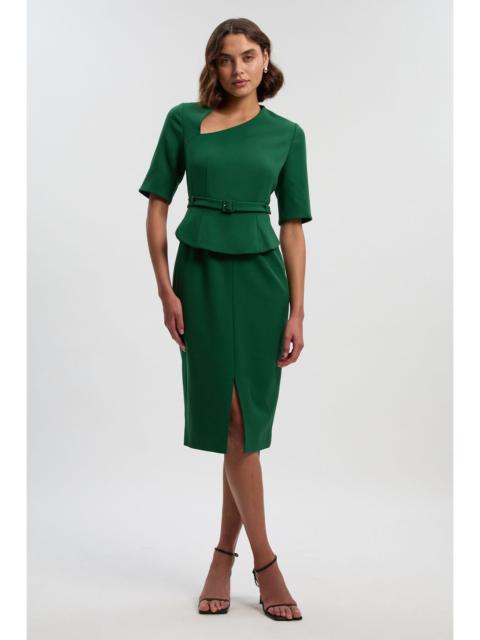 Structured Crepe Forever Asymmetric Neck Belted Pencil Midi Dress