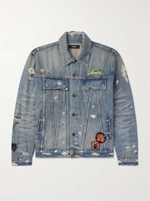 Vintage Pegasus Embellished Distressed Paint-Splattered Denim Trucker Jacket
