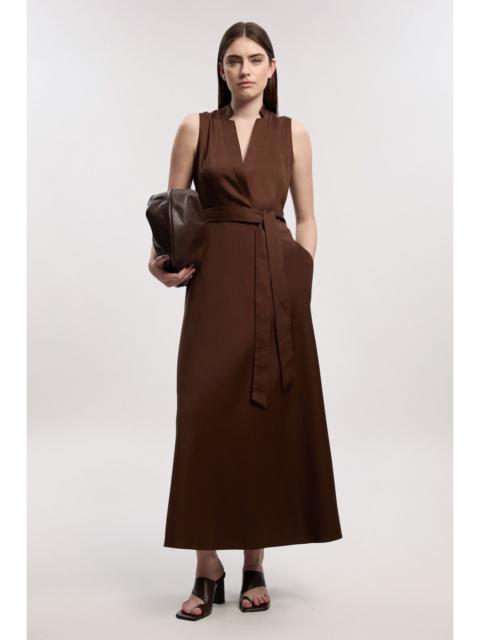 Tailored Linen Wrap Tie Waisted Maxi Dress