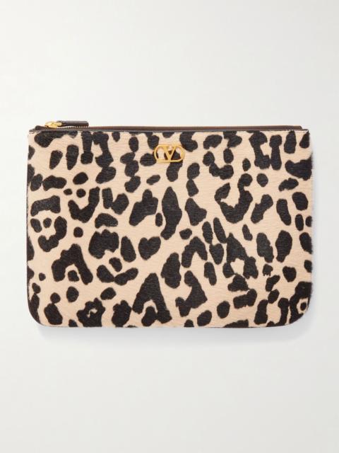 VLogo Signature medium leopard-print calf-hair clutch Leopard print