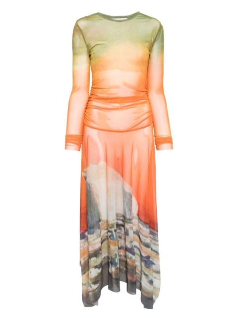 midi printed mesh handkerchief-hem dress