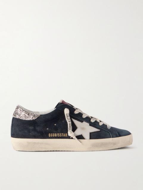 Super-Star distressed glittered leather-trimmed suede sneakers Navy