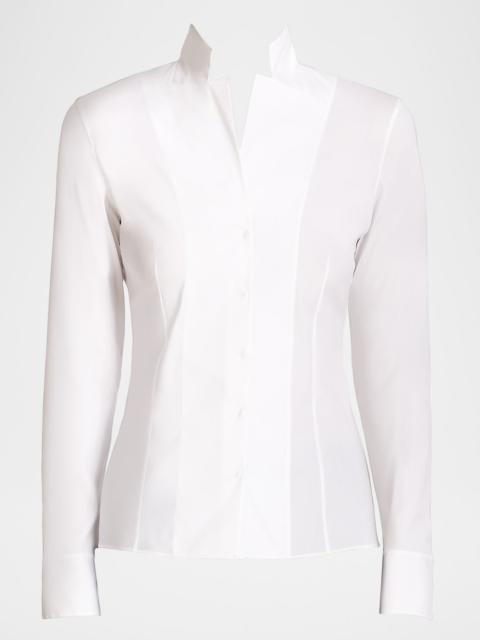 Long-Sleeve Notched-Collar Poplin Blouse