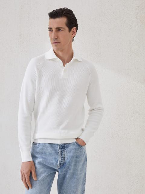 Cotton English rib knit polo with long raglan sleeves