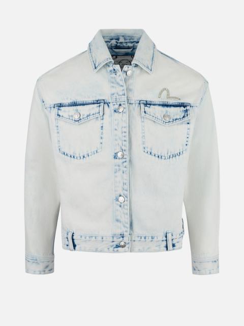 Bleach Washed Kamon Embroidery Fashion Fit Denim Jacket