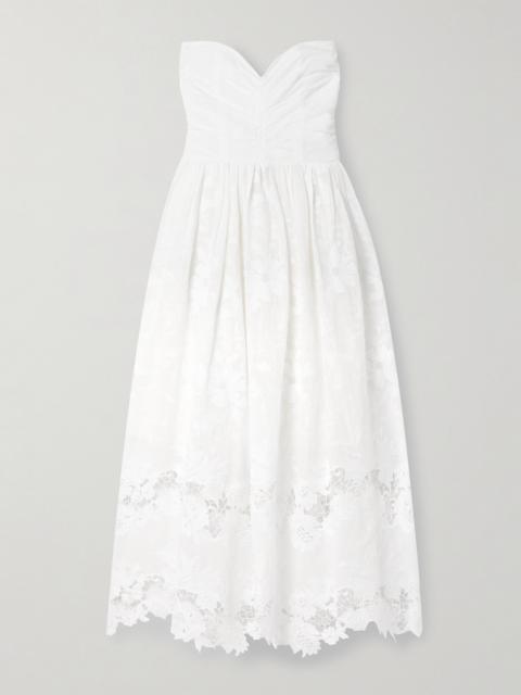 Desideria Strapless Guipure Lace-trimmed Embroidered Cotton-voile Midi Dress