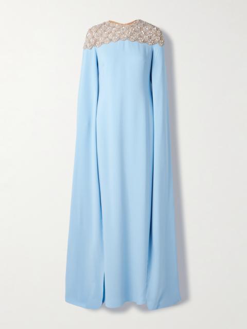 Cape-effect Embellished Tulle-trimmed Silk-blend Georgette Gown