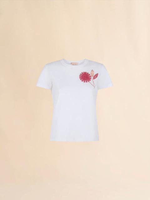 WHITE ORGANIC COTTON T-SHIRT WITH EMBROIDERED CAMELLIA