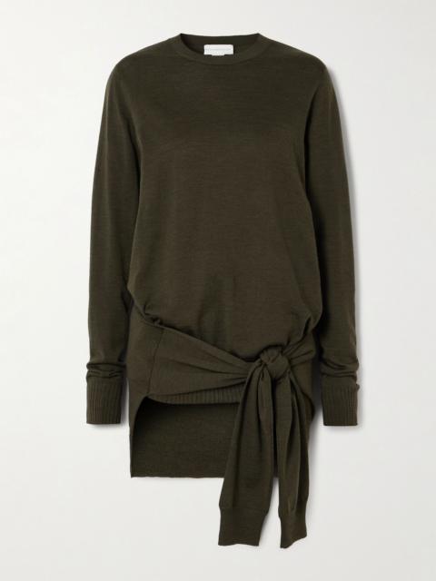 Tie-front layered wool sweater Army green