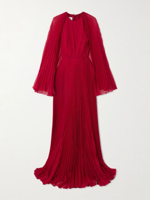 Cape-effect plissé silk-georgette gown Red