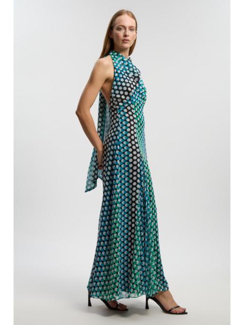 Polka Dot Drama Halter Pleat Insert Woven Maxi Dress
