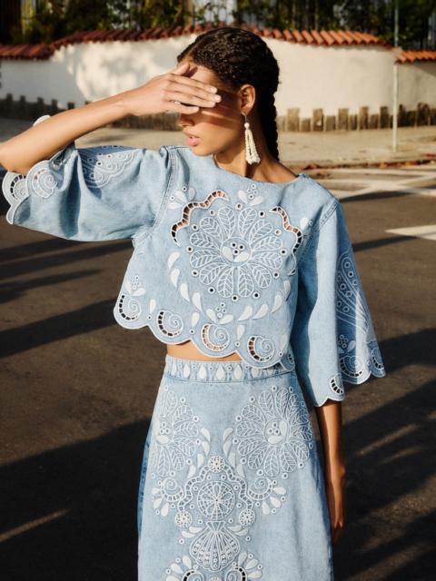 Denim Richelieu Kimono Sleeves Cropped Blouse