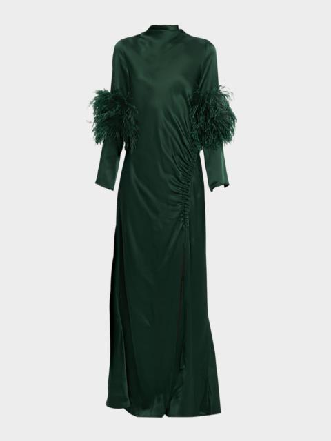 Feather-Trim Long-Sleeve Satin Maxi Dress