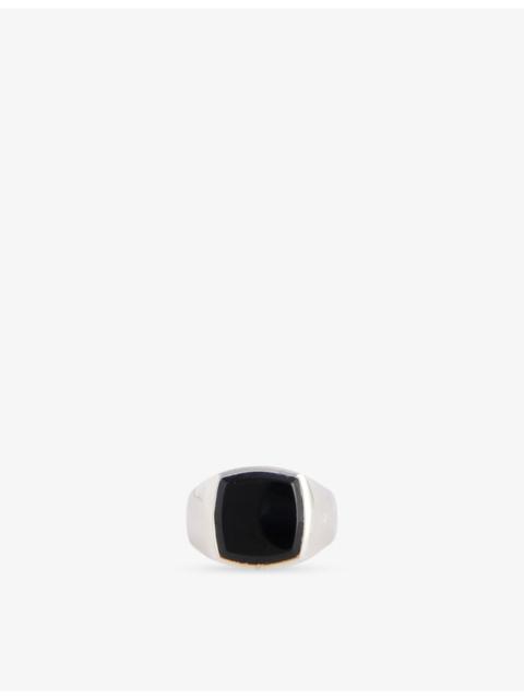 Cushion Polished White Rhodium-Plated 925 Sterling Silver And Black Onyx Stone Ring