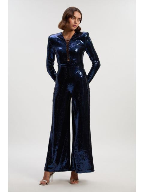 Sequin Power Mesh Lace Up Detail Long Sleeve Jumpsuit