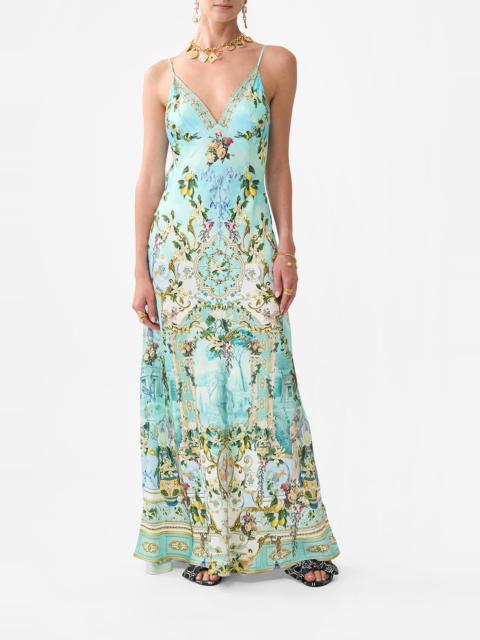 V NECK LONG BIAS SLIP DRESS WITH TRAIN