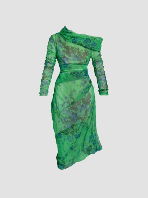 FLORAL PRINT ORGANZA CLOQUE DRAPED MIDI DRESS