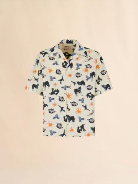 OFF-WHITE POPLIN BOWLING SHIRT WITH WOLVES, RAVENS AND DOVES PRINT