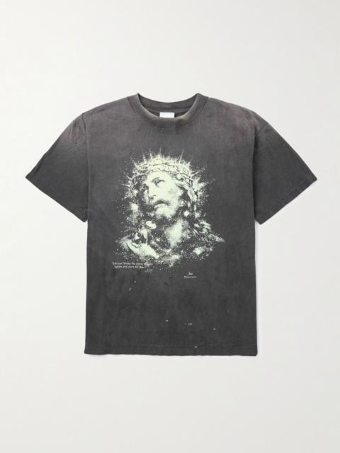 Printed Distressed Cotton-Jersey T-Shirt Gray