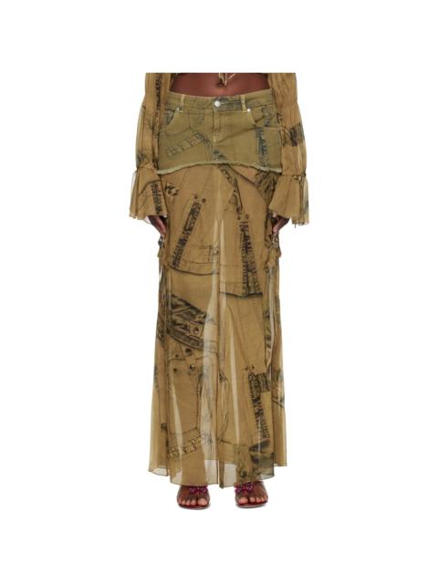 Khaki Cargo Denim Maxi Skirt