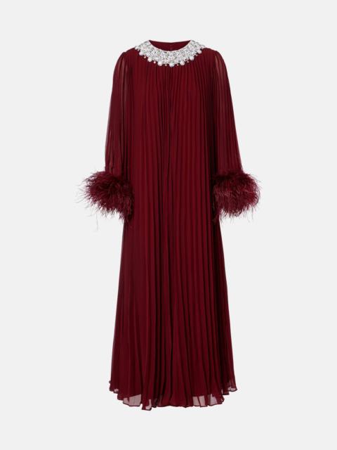 Embellished feather-trimmed chiffon maxi dress