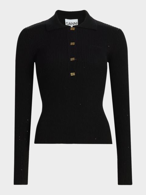 Fine-Knit Sequin Polo Sweater