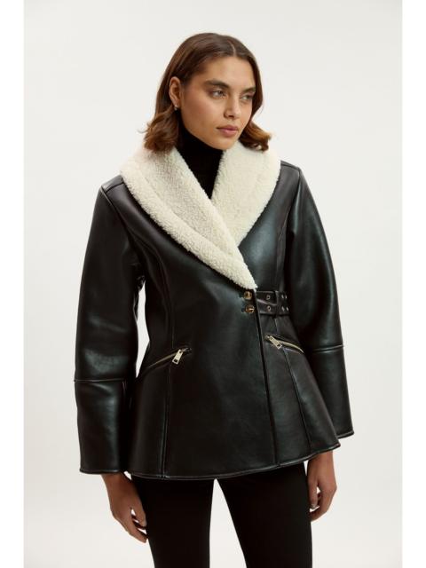 Faux Leather Bonded Waisted Peplum Coat