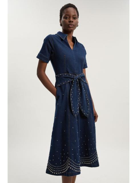 Denim Placed Studs Tie Belted Short Sleeve Full Midi Dress