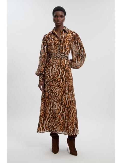 Petite Animal Print Georgette Belted Woven Shirt Dress