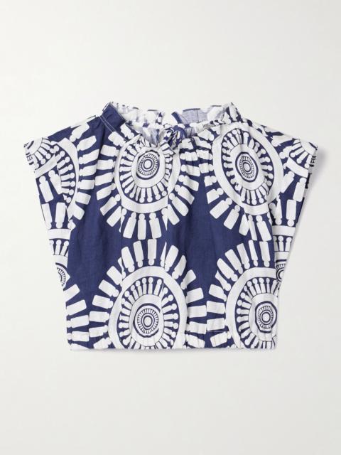 Muna cropped printed linen top Royal blue