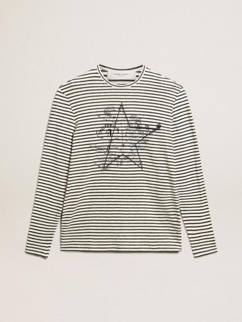 Men's T-shirt with white and blue stripes and embroidery on the front