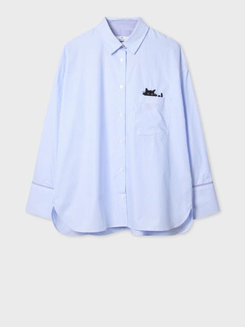 Women's Blue Striped Shirt with Cat Embroidery