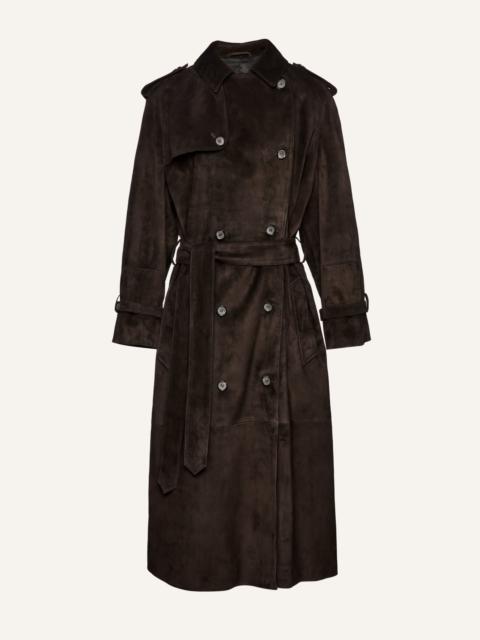 Mid-length suede trench coat in brown