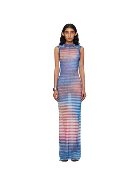 Blue & Pink High Neck Open Back Printed Air Maxi Dress