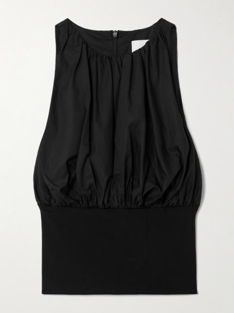 Cropped Gathered Organic Cotton-poplin And Stretch-knit Top