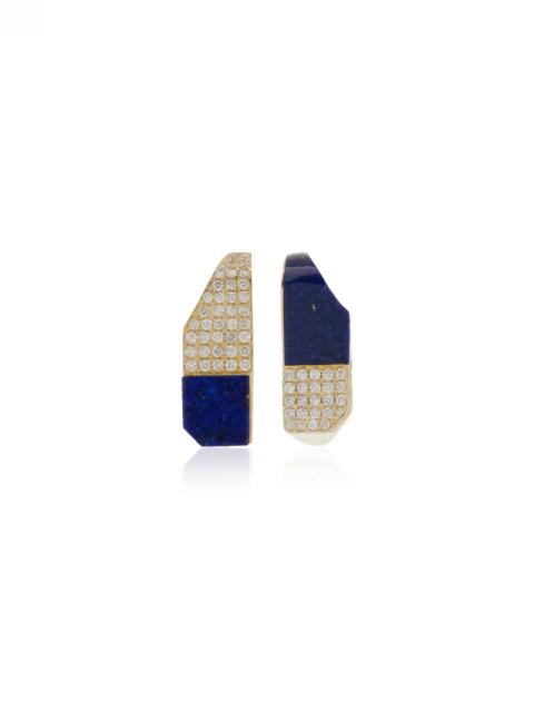 Checked 9K Yellow Gold Lapis, Diamond Hoop Earrings blue