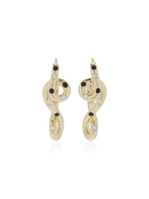 Double Wave Enameled 9K Yellow Gold Diamond Hoop Earrings black