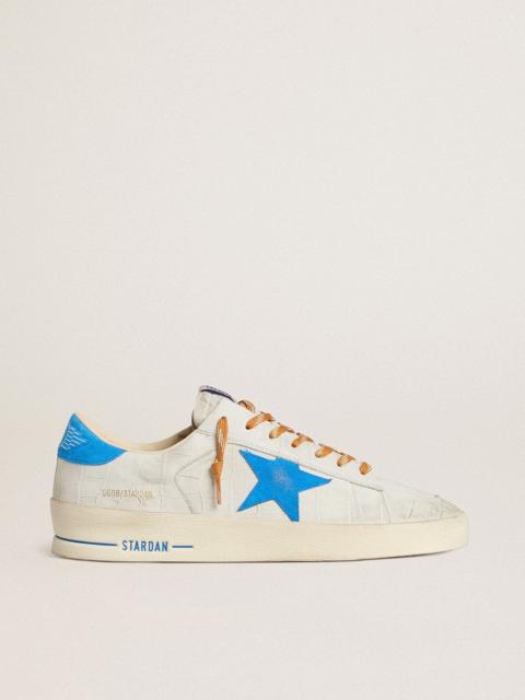 Stardan in white croc-print leather with light blue suede star and heel tab