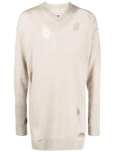 distressed-effect knitted jumper