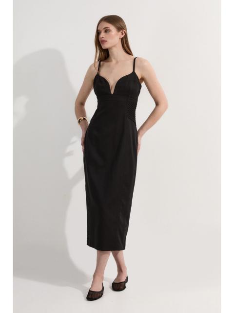 Premium Linen Pintuck Detail Pencil Tailored Midi Dress