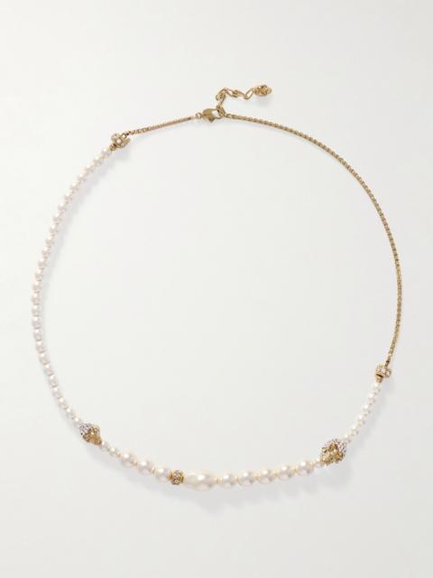 Gold-tone, crystal and faux pearl necklace White